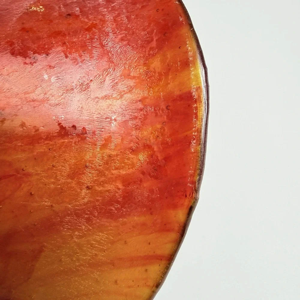 Vintage Red Orange Fused Art Glass Bowl Iridescent Abstract Line Dish